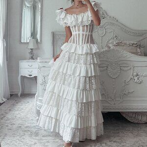 Vintage Bohemian Tiered Ruffle Lace Corset Wedding Gown